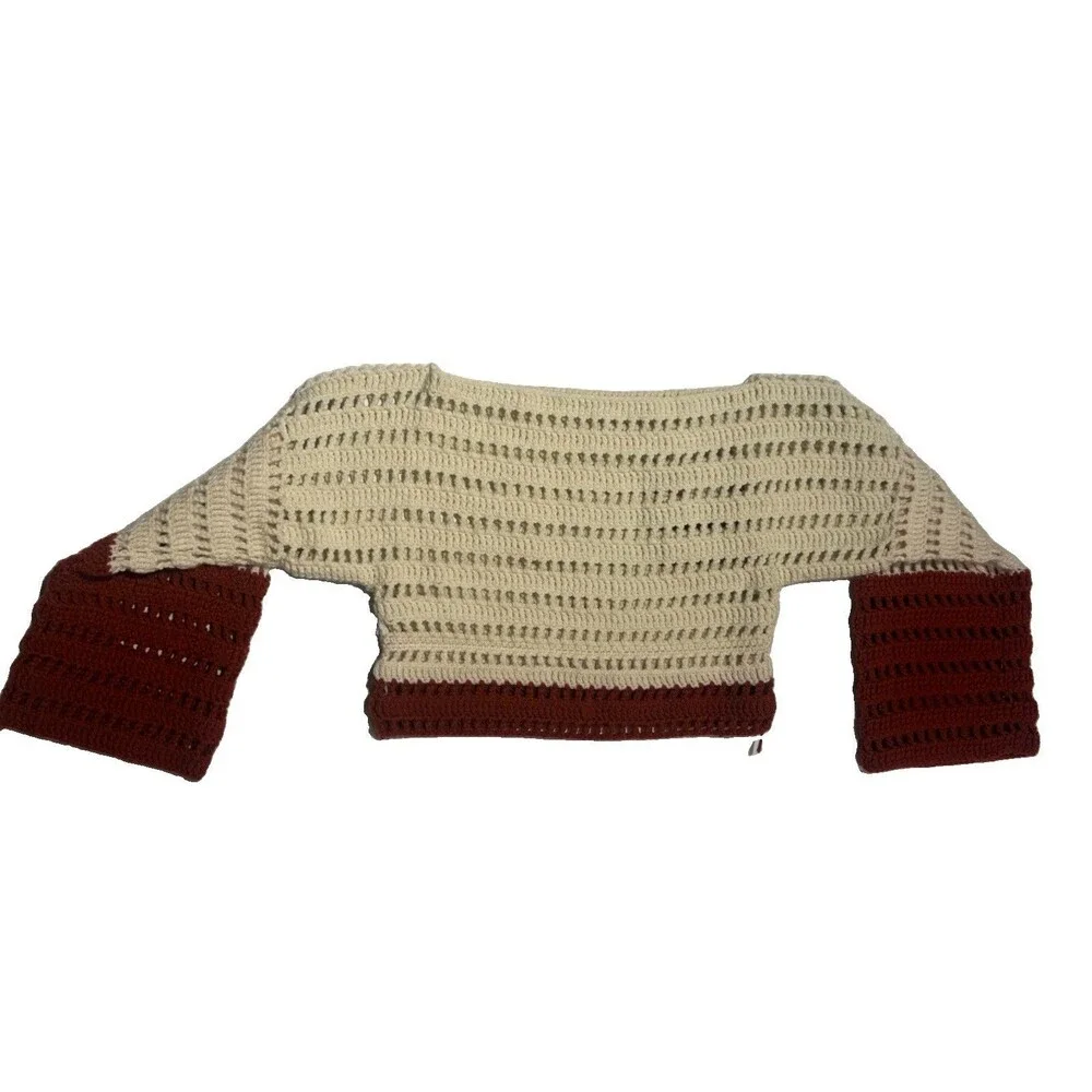 Boho Handmade Crochet Bell Sleeve Crop Top Rust Cream Boat Neck Sweater S/M